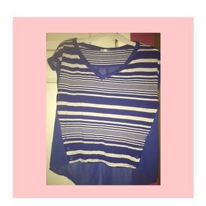 Blue and white designed shirt w/ see through back